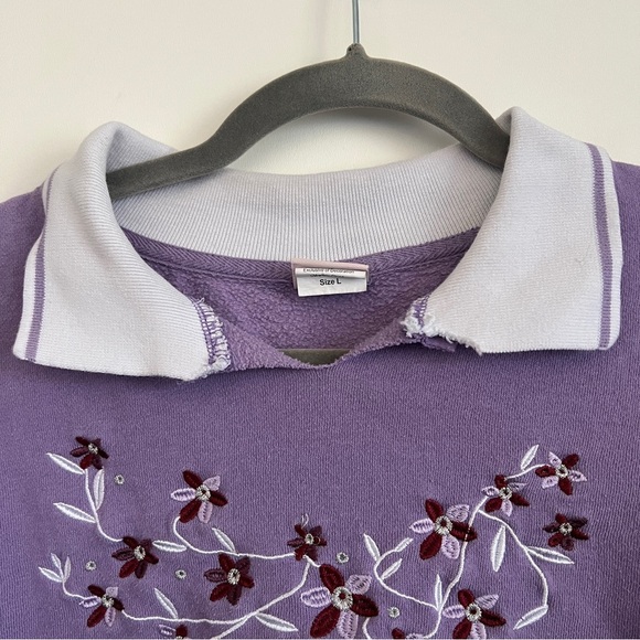 Adrian Daltfeld Lavender Floral Embroidered Collared Sweatshirt Pullover-Size L - Picture 4 of 9